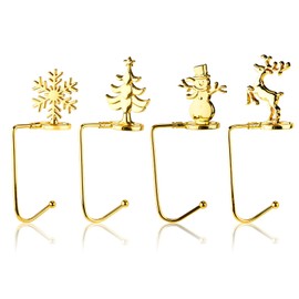 4pcs Christmas Stocking Holder, Metal Xmas Tree Elk Snowflake Decorative Stocking Holder Christmas Sock Hook Hangers for Mantle Fireplace Party Home (Gold)