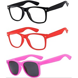 Boolavard 3 Pairs Kids Clear Lens Glasses Protect Child's Eyes from UVB UVA Blocking (Black, Red, Pink)