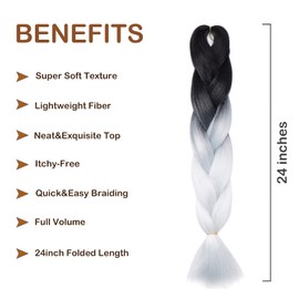 24inch Two Tone Ombre Braiding Hair Extension 3 Packs/Lot X Synthetic Braids Afro Crochet Hairpiece for Box Braids Black-White