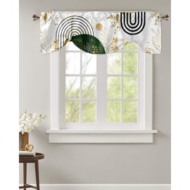 Green Black Gold Boho Tie Up Window Valance Green Gold Leaves Plant Modern Window Treatment Abstract Rod Pocket Curtain Valance,60x18 inch Gold Green Black Geometric Kitchen Valance for Bathroom