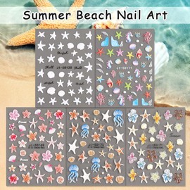 CharmeFleur Ocean Life 5D Embossierte Nagelkunst-Sticker Aufkleber 5 Blätter Seestern Musch Quelallen Hibiskus Blumen Selbstklebende Nagel-Aufkleber Sommer Meeres-Thema Nagelzubehör