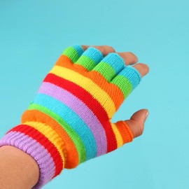 NOIAFZY 2 Pairs Rainbow Striped Cotton Knitted Half Finger Gloves - Thickened Warm for Autumn & Winter