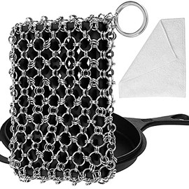 Herda Cast Iron Skillet Cleaner,Upgraded Chainmail Scrubber Set Silicone Insert with Bamboo Fiber Cloth,316 Stainless Steel 3D Chain Metal Scrubber Scraper for Castiron Pan,Griddle,Baking Pan (Black)