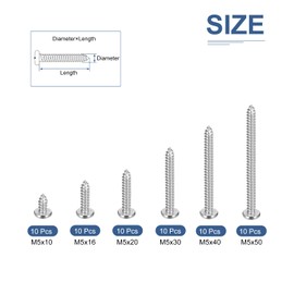 DTGN 304 Stainless Steel Self Tapping Screws Assortment Set,Pan Head Phillips Drive Wood Screws Metal Screws,Washed Silver(Size:M5x10-M5x50-60pcs)