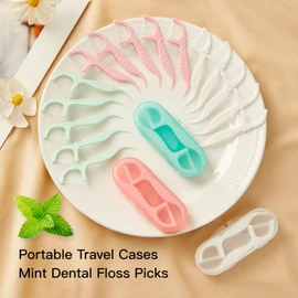 LIAMOSS Green Mint Dental Floss Picks, 2 Portable Travel Cases (10 Picks) + 65 Refills, Double-Line Flossers for Tight Teeth, Fresh Breath, Plaque Removal, On-The-Go Oral Care