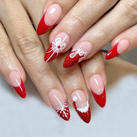 Vopintpy Long Almond Christmas Press on Nails Red Santa Hat French Tip Fake Nails with White Snowflake Bow Glue on Nails Glossy Winter Xmas Stick on Nails for Women DIY New Year Manicure