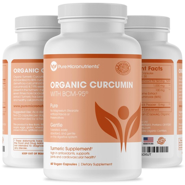 Organic Turmeric Curcumin BCM-95 Supplement + Black Pepper - Vegan 60 Veg. Capsules, 1000mg - Pure Micronutrients