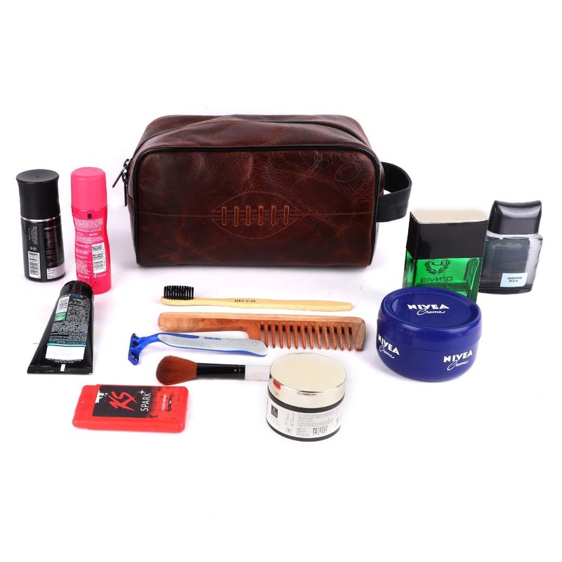 SPORTGIFTZ Buffalo Leather Rugby Wash Bag Durable Toiletry Bag for