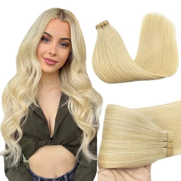GOO GOO Real Hair Tape Extensions, Bleach Blonde, 50 g, 20 Pieces, 40 cm, Remy Real Hair Extensions, Human Hair Tapes