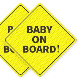 Baby On Board Sticker Sign - Essential for Cars - 2 Pack, 5" by 5" - Bright Yellow and See-Through When Reversing - Best Safety Signs - No Need for Suction Cup or Magnet - Durable and Strong Adhesive