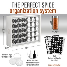 BOURBON & BARREL Wooden Spice Rack Organizer with Glass Jars | Stainless Steel Lids | Bamboo Countertop Spice Organization | 350 Waterproof Spice Labels | 2 Chalk Markers | 30 4oz Jars [White]