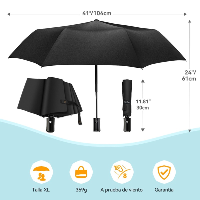 TechRise Umbrella, Compact Strong Windproof Automatic Umbrellas, Folding Lightweight, Portable