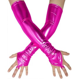 Chendvol Men's and Women's Shiny Metallic Fashion Fingerless Gloves Long Elastic Costume Gloves (Hot Pink)