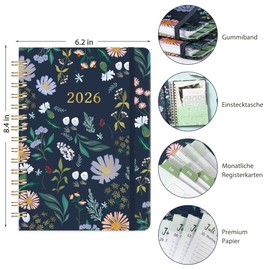Calendar 2026 - Diary 2026 A5, Weekly Planner 2026 from January - December 2026, A5 Appointment Calendar with Pocket 21.4 cm × 14.6 cm, Flowers