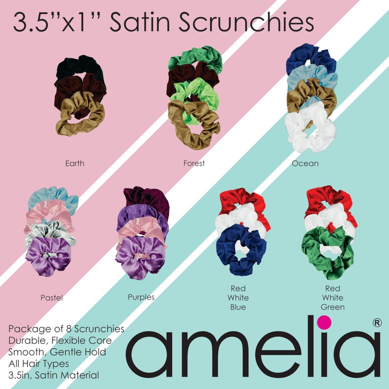 Eight (8), Pink, Soft Satin Scrunchies.
