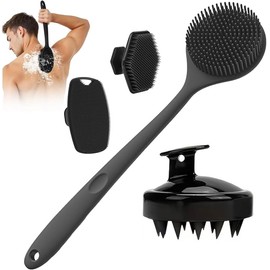 Set de Cepillos Corporales de Silicona 4 Piezas, Kit para Ducha con Cepillo para Espalda de Mango Largo, Cepillo de Masaje para Champú y Herramienta de Limpieza Facial (black)