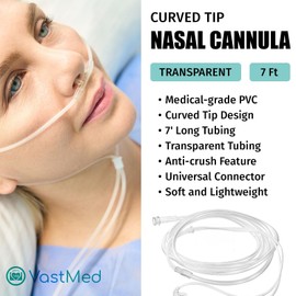Disposable Nasal Oxygen Cannula with Curved Tip by VASTMED | 7ft Latex-Free, PVC, Soft & Lightweight Nasal Cannula | Comfortable Fit, Universal Connector for Oxygen Tanks & Concentrators (50)