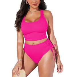 Pink Queen Women's High Waisted Bikini Set Ruched Crop Tank Top High Leg 2 Piece Cheeky Bathing Suit Swimsuit Rose Red S