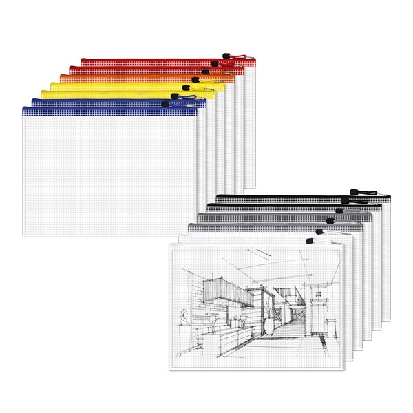 Document Wallet A3-14 Pieces Transparent Document Folder with Zipper, Mesh