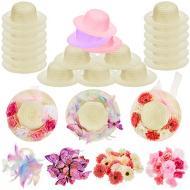 Hotop 197 Pcs DIY Girls Straw Hats Set Tea Party Hats for Kids Include 24 Pcs Straw Hats 48 Pcs Artificial Flower 24 Pcs Faux Butterfly 100 Pcs Fake Feather Straw Hats for Craft Dress up Hats