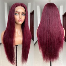 REMY HAIR 13X4 Lace Front Wigs Human Hair 99J 180% Density Pre Plucked Wine Red Wig with Baby Hair, Straight Red Lace Front Wigs Wigs for Women (24 Inch)