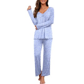 PrinStory 2025 Women's Pajama Set Long Sleeve Sleepwear Ladies Lounge Set Soft Pjs Loungewear FP-Spot Blue-L