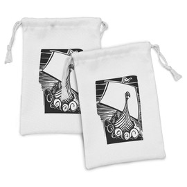 Ambesonne Nordic Fabric Pouch Set of 2, Viking Longship Sailing on Swirling Waves Stormy Ocean Exploration Theme Art, Small Drawstring Bag for Toiletries Masks and Favors, 9" x 6", Black and White