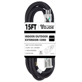 YOJOE 15 Foot 10/3 Lighted Outdoor Extension Cord - 10 Gauge 3 Prong SJTW Heavy Duty Black Extension Cable with 3 Prong Grounded Plug for Safety,UL Listed