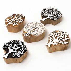 Tree Shape Wooden Block Stamps - Wooden Printing Stamps - Indian Textile Printing Blocks for Tattoo Clay Pottery Henna Card Making Pack of 5, Hashcart®