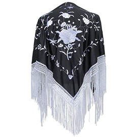 La Senorita Spanish Flamenco Dance Shawl black with white flowers and Fringes