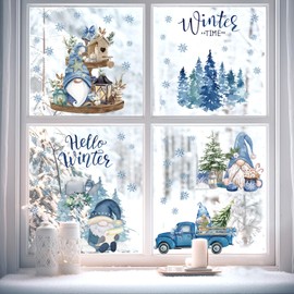 JarThenaAMCS 158Pcs Christmas Window Cling Blue Winter Snowflake Gnome Snowman Window Sticker Reusable PVC Decal for Glass Mirror Decor, 12 Sheets