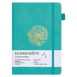 Scandinote A5 Bullet Dotted Journal - Teal, 208 Pages, 120gsm Paper, Vegan Leather Cover, 3 Bookmarks, Pen Loop, Pocket, Index, 180° Lay-Flat, 5mm dot Grid for Bullet Journaling & Planning