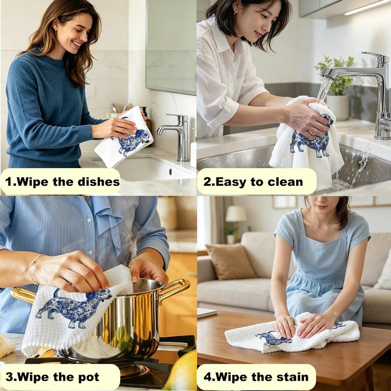 2Pcs Chinoiserie Dachshund Kitchen Towels, Weiner Dog Gifts for Women