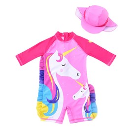 Baby Girl One Piece Swimsuit Sunsuit Long Sleeve Swimwear Rash Guard Toddler Kid Unicorn Bathing Suit Zip with Hat 1-7t
