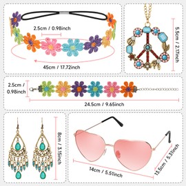 Alintor Hippie Accessories, Hippie Costume Women's Accessories, Pack of 5 Hippie Jewellery, 70s Clothing Women's Accessories, Flower Power Accessories, Peace Chain, Hippie Glasses (Bohemian Style)