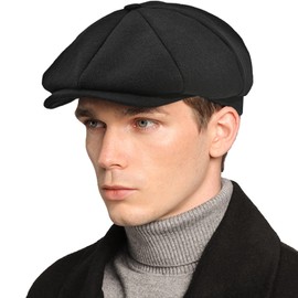 Mens Newsboy Cap High Woolen Tweed Gatsby Hat Ivy Cabbie Flat Golf Cap for Fathers Women Unisex, Black, 7 1/2-7 3/4