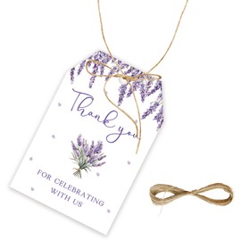 50pcs Lavender Thank You Tags, Watercolor Floral Gift Tag with String for Wedding Party, Lavender Thank You Paper Tags for Bridal Shower/Birthday Party Favors