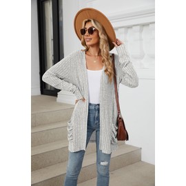 Women's Casual Long Sleeve Open Front Cardigan Sweaters Trendy Solid Knit Loose Cardigans Tops with Pockets LightGray Large