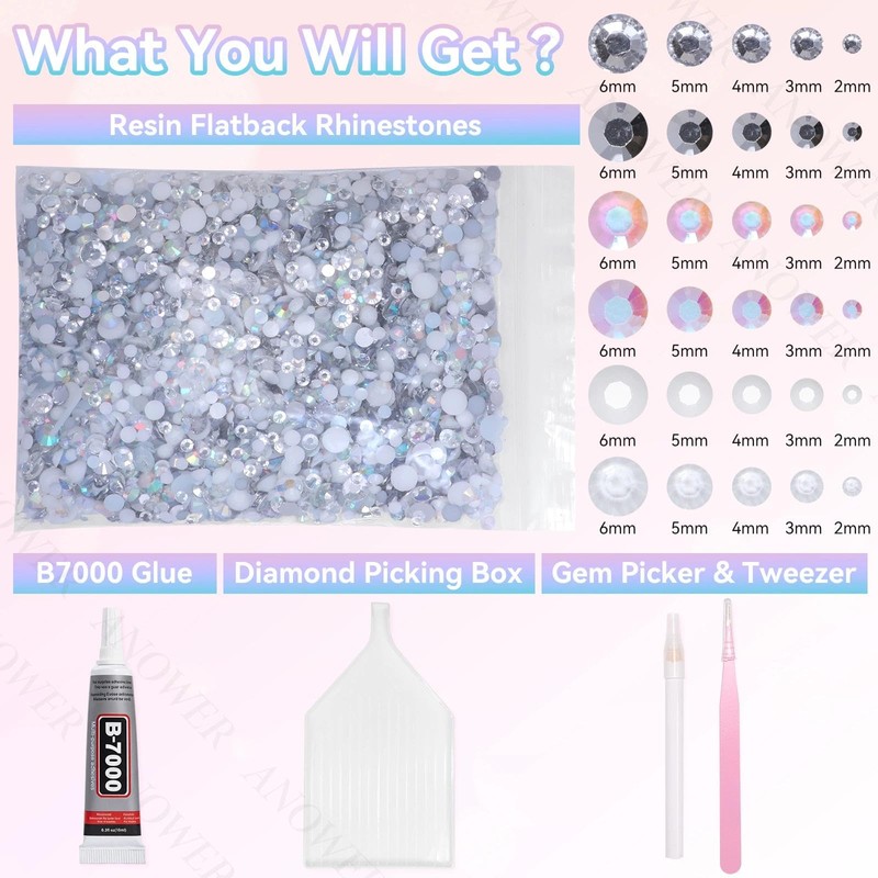 16000 Pcs Mixed White Silver Resin Flatback Rhinestones for Bedazzling