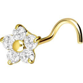 PIERCINGLINE 750 Gold Nose Piercing Spiral | 18 Carat | Crystal Flower | Piercing Nose Stud | Choice of Colours, Yellow Gold, Cubic Zirconia