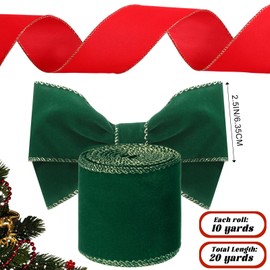 Riceshoot 2 Rolls Christmas Velvet Ribbon 2.5 Inch 20 Yards Xmas Velvet Wired Ribbon with Gold Edge for Christmas Tree Decorations Wreath Bow Making (Red, Green)