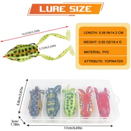 Topwater Frog Lures, 5pcs Soft Frog Fishing Lures Kit Bass Fishing Artificial Baits Soft Hollow Body Weedless Hooks for Trout Pike Freshwater Saltwater