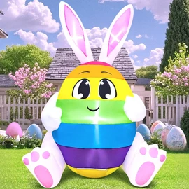 5FT Easter Inflatables Outdoor Decoration Colorful Egg with Bunny Ears, Built in LED Lights Blow Up Yard Decoration for Lawn Garden Holiday Party