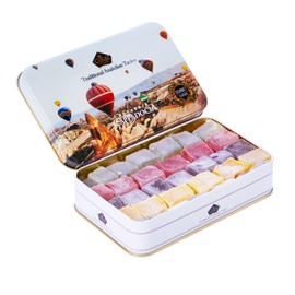 Cerez Pazari Turkish Delight Candy Gift Basket, Luxury Lokum Dessert, Gourmet Christmas Holiday Corporate Food Gifts in Elegant Tin Box, With 5 Unique Flavors, No Nuts, 13.2 oz.