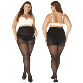 WiliW Polka Dot Plus Size Tights for Women, 40D Patterned Tights, High Waist Control Top Black Sheer Pantyhose(Small Polka Dot 3XL-4XL)