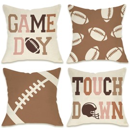 Fahrendom Football Decorative Throw Pillow Covers 18 x 18 Set of 4, Sport Game Day Porch Patio Outdoor Pillowcase, Touch Down Rugby Helmet Sofa Couch Cushion Case Home Decor