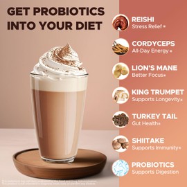 JUYIHEAL Probiotic Coffee Creamer, Mushroom Probiotic Creamer with Probiotics, Cordyceps, Reishi, King Trumpet, Shiitake, Turkey Tail, Lion's Mane for Energy, Focus, Digestion, 30 serving