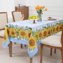 Romanstile Summer Tablecloth Rectangle, Sunflower Buffalo Plaid Decorative Table Cloths Stain Resistant Fabric Table Cover for Dinner/Party/Picnic/Indoor/Outdoor (Blue, 60 x 84 Inch)