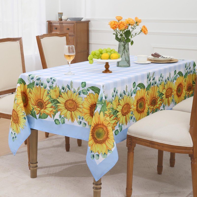 Romanstile Summer Tablecloth Rectangle, Sunflower Buffalo Plaid Decorative Table Cloths