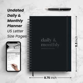 Undated Daily Planner with Hourly Schedule 8.5" x 11" Letter Size Pages - Full Page A Day, 6-Month Goal Planner, Monthly Agenda, To Do List, 2025 2026 Calendar, Time Blocking - Aesthetic Black Hardcover Spiral Notebook 210 Pages 100gsm Paper